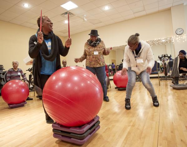Action shot of a senior fitness drums alive session at the YMCA