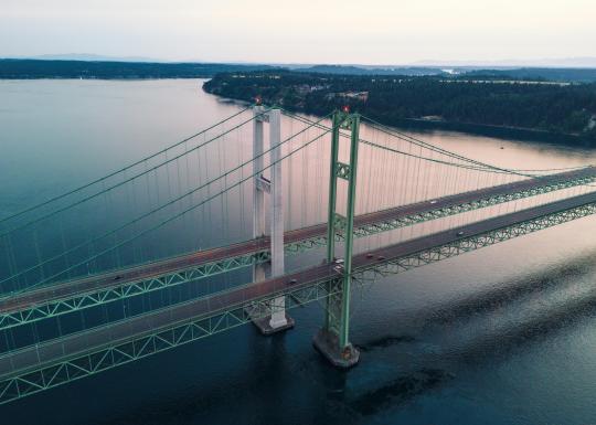 Aerial shot of the Tacoma Narrows bridge