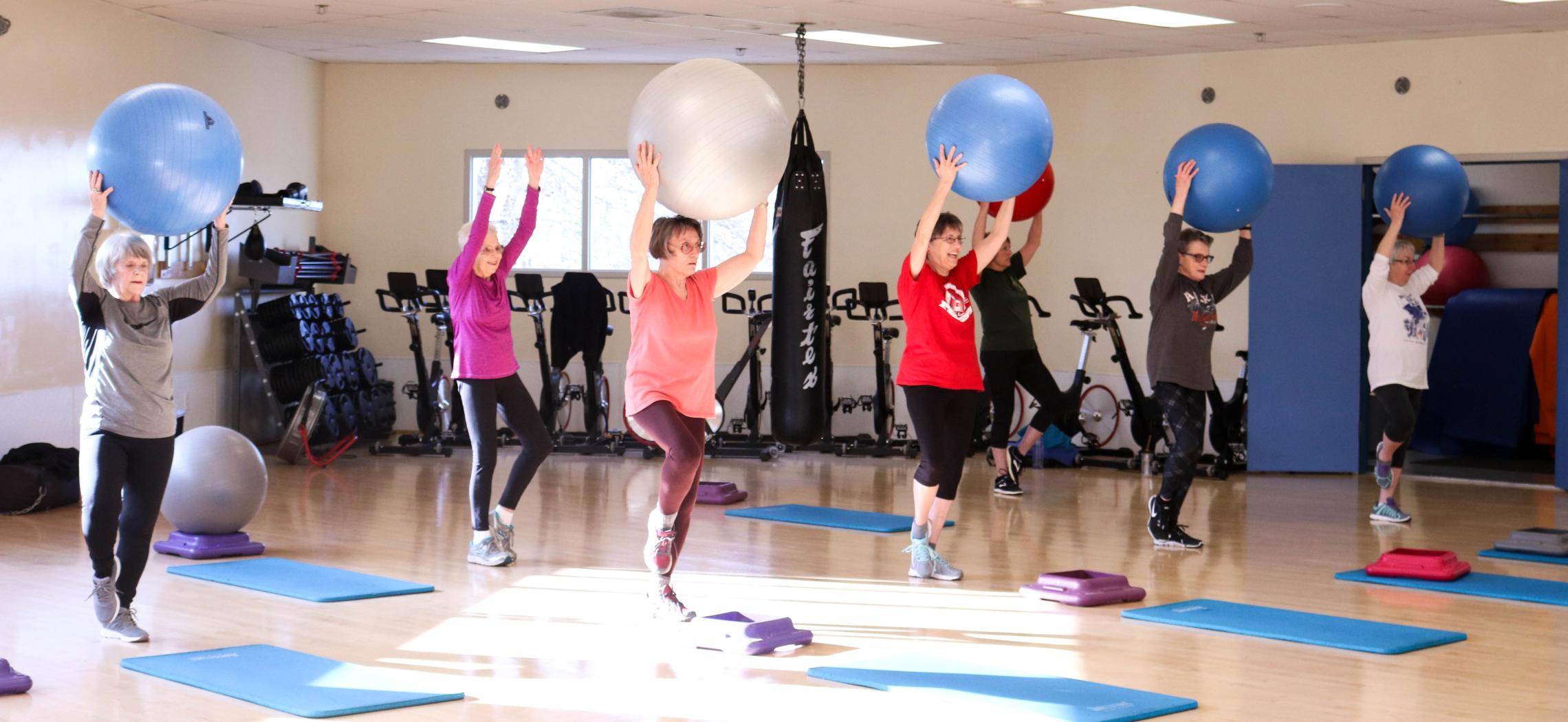 A group of active older adults holds yoga balls above their head as they work on movement and balance in a core yoga class.