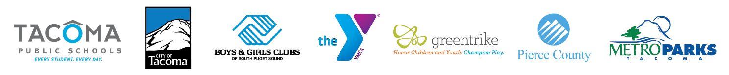 Summer Late Nite sponsor logos. From left to right: Tacoma public schools, City of Tacoma, Boys & Girls Clubs, The YMCA, Greentrike, Pierce County, and Metro Parks Tacoma.