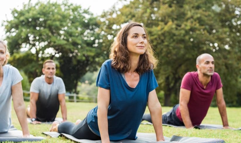 Stock image of an outdoor yoga session