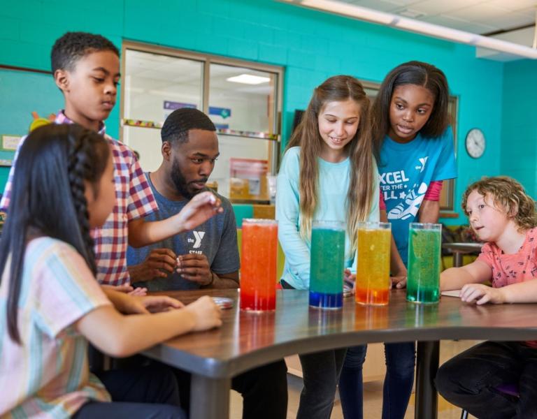 Spring break campers participating in an engaging science experiment